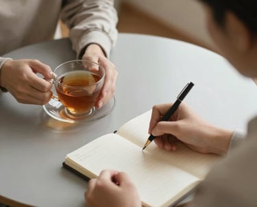 A warm, inviting scene of a woman journaling by a sunlit window with a cup of tea.