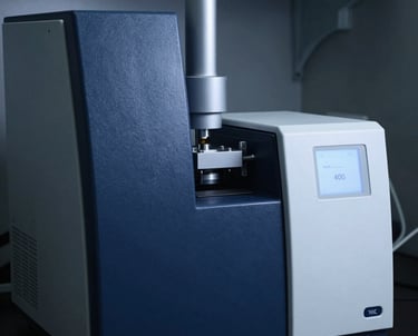 Close-up of high-precision HPLC instrument with glowing indicators in a dark navy laboratory setting.