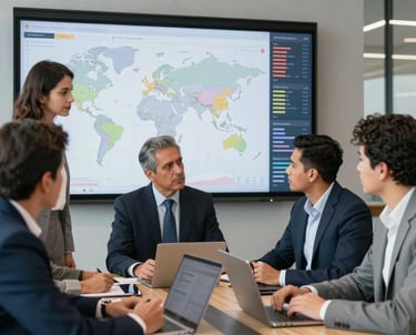 A professional team discussing international trade strategies around a conference table with global maps in the background.