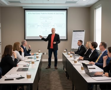 Kevin Smullin presenting AI for real estate predictive analytics to a corporate boardroom meeting.