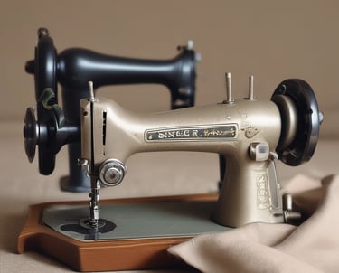 Vintage black sewing machine on a wooden table with ivory fabric and draped curtains.