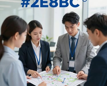 A group of technical specialists reviewing project maps, showing professional integrity and dedication to community empowerment. Clean, modern, corporate aesthetic with #2E8BC0 accents.