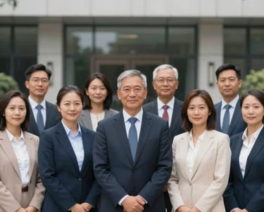 A group photo of diverse community leaders representing the Board, standing in front of a modern building. Serious yet welcoming atmosphere, emphasizing integrity and trust.