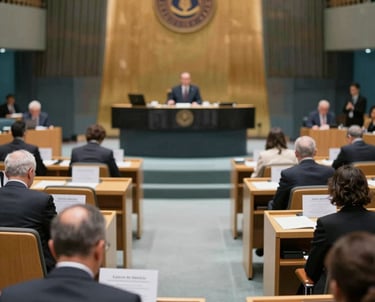 An organized assembly room with people engaged in a democratic voting process, reflecting the General Assembly's role. Professional, clean, and reliable visual style.