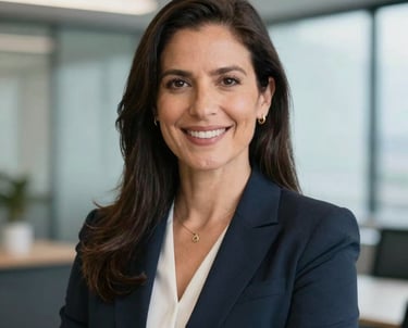 A professional portrait of María Benilda Ruiz Rojas, appearing confident and empathetic, in a modern office setting. Professional lighting, neutral corporate background with soft blue tones.