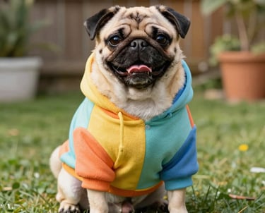 Un adorable perro pug sentado en un jardín con césped, vistiendo una sudadera con capucha de colores