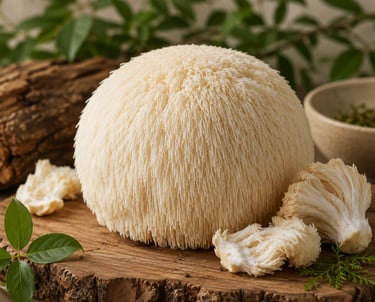 Fresh lion's mane mushroom on a rustic wooden board with green leaves and a natural background.