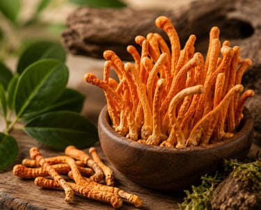 Organic cordyceps militaris mushrooms in a wooden bowl for energy and wellness supplements.