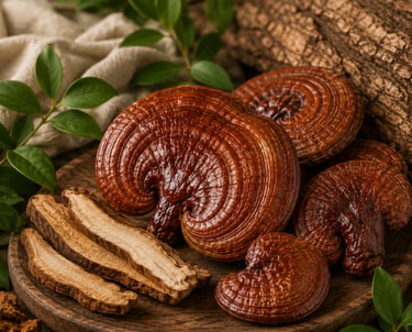 Whole and sliced reishi mushrooms on a rustic wooden tray with green leaves.