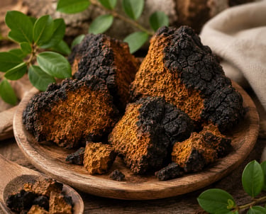 Chunks of raw wild chaga mushroom on a wooden plate with green leaves for herbal tea.