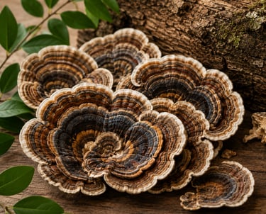 A cluster of wild turkey tail mushrooms with distinctive concentric rings growing on a log in the forest.