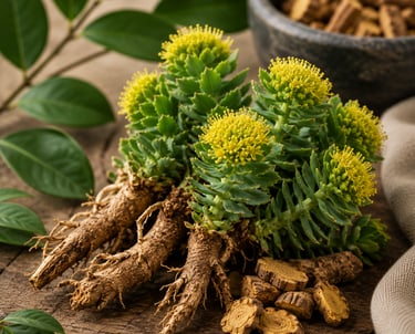 Fresh Rhodiola rosea plant with yellow flowers and adaptogenic roots on a rustic wooden table.