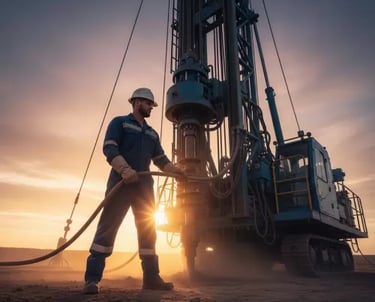 Industrial worker operating a heavy-duty hydraulic drilling rig at a construction site during sunset.
