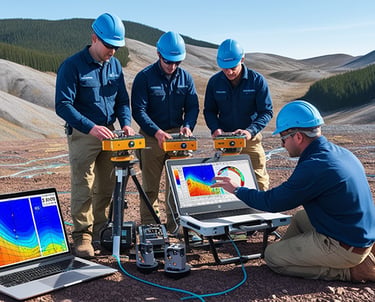 Geotechnical engineers in hard hats using advanced surveying equipment and laptops for terrain mapping at a remote field