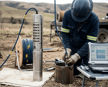 A technician installs a stainless steel submersible pump for water well drilling using a diagnostic laptop.