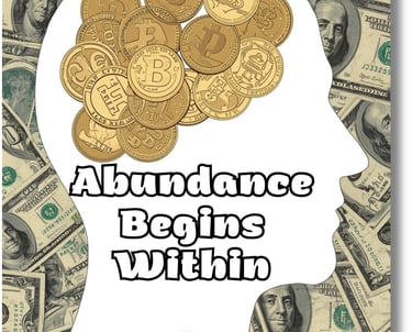 coloring book cover showing a silhouette head with coins in the mind area. Dollars in background