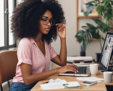 A focused entrepreneur working on a laptop with notes and a clear step-by-step plan visible on the screen.