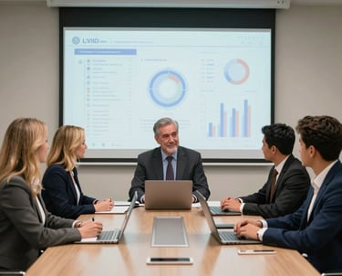 Team collaborating around a laptop with charts and automated workflow diagrams displayed.