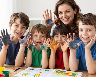 Children happily engaging in colorful biblical activity sheets at a cozy table.