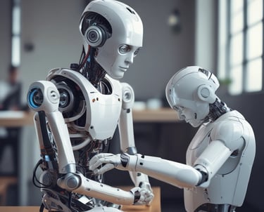 Students assembling a robotic arm in a bright, modern lab setting.