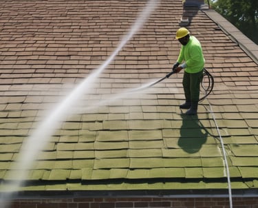 Close-up of a roof being cleaned with high-pressure water jets.