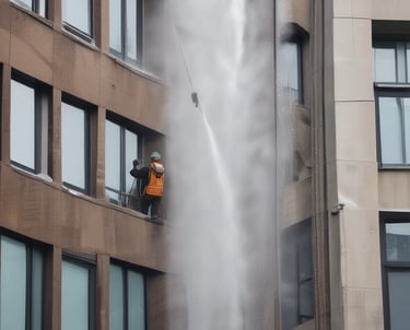 High-pressure cleaning of a brick building exterior on a sunny day.