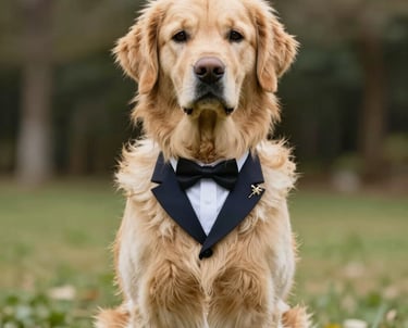 Un perro de raza golden retriever, vestido con un esmoquin negro y una pajarita, sentado en un prado
