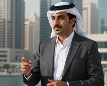 Professional portrait of a Middle Eastern / Gulf male project manager discussing modern urban development projects, sharp business attire, high-end corporate backdrop.