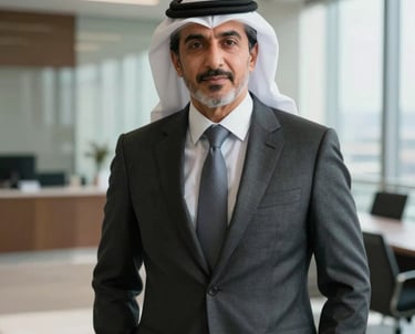 Professional portrait of a Middle Eastern / Gulf male CEO in a modern corporate real estate office, wearing a luxury business suit, calm confident expression, architectural studio in background, natural daylight.