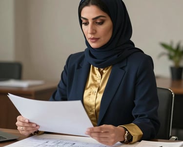 Professional portrait of a Middle Eastern / Gulf female chief architect reviewing luxury building plans, wearing elegant modern professional attire, deep navy and gold aesthetic setting.