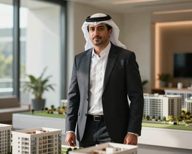 Professional portrait of a Middle Eastern / Gulf male real estate development director standing in a sunlit architectural model room, wearing formal attire, clean structural aesthetic.