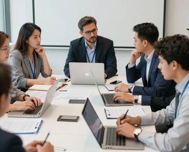 Modern office meeting with diverse professionals discussing business strategies.