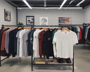 A cozy display of minimalistic t-shirts, sweatshirts, and hoodies arranged neatly on wooden hangers with natural light.
