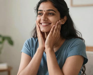 A serene image of a woman practicing gentle yoga in a sunlit room surrounded by plants.