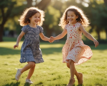 A mother and child dressed in oversized denim and matching hoodies, walking through a sunlit Canadian autumn park with leaves in warm browns and muted mustard tones.