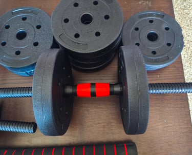 Halter ajustável JUPPLIES montado com discos de peso pretos e punho vermelho e preto
