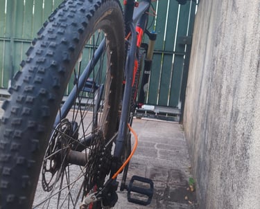Roda traseira e transmissão de bicicleta MTB KTM com pneu de piso agressivo e pedal preto, vista lat