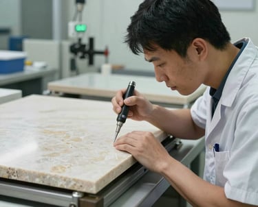 A quality control specialist in a bright facility, inspecting a polished stone slab with precision tools. Professional and meticulous appearance. International / Global.