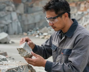 A focused professional geologist in a quarry setting, examining a piece of raw stone. He wears safety gear and a professional work shirt. International / Global.