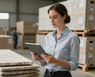 A professional woman in a high-end logistics facility, holding a tablet and overseeing stone slab crates. Professional and confident expression. International / Global.