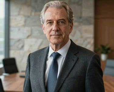 A professional portrait of a senior executive in a modern office with stone design elements in the background. They wear professional attire and project a look of reliability and experience. International / Global.
