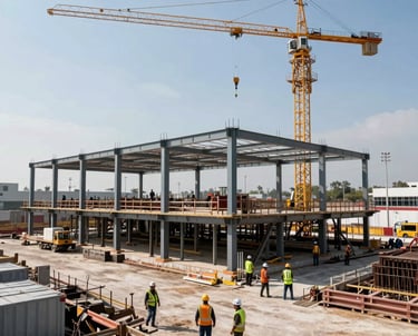 A modern construction site with cranes and workers in safety gear assembling a large industrial building.