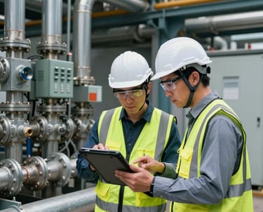 Engineers reviewing blueprints and technical plans inside a bright office overlooking a city skyline.