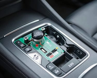 Technician repairing a car's electronic control unit in a workshop.