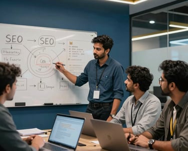 A vibrant Indian digital agency team collaborating over laptops with colorful design sketches.