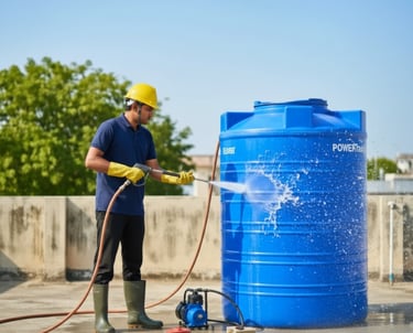 A worker in a hard hat uses a high-pressure washer to clean a blue plastic water storage tank on a rooftop.