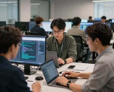 A creative workspace with a laptop, sketches of logos, and digital tools on a wooden desk.
