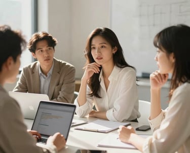 Professional candid photography of a marketing team brainstorming in a sun-drenched, modern studio. Tan and off-white color scheme. International.