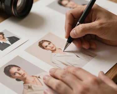 Close-up photography of a high-end designer working on campaign visual concepts. Focus on hands and creative tools. Warm tan lighting.