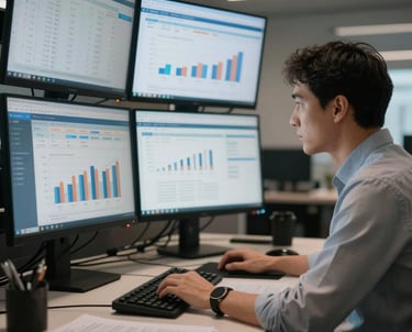 A candid shot of an analyst reviewing performance data on multiple screens in a dimly lit, high-end office environment. Steel blue and off-white tones.